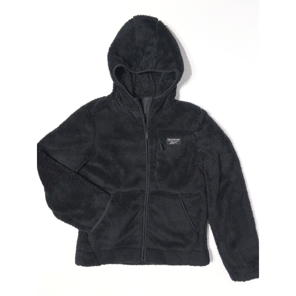 Reebok Soft Sherpa Fleece Full Zip Jacket Black Pockets Women Size M (A4)